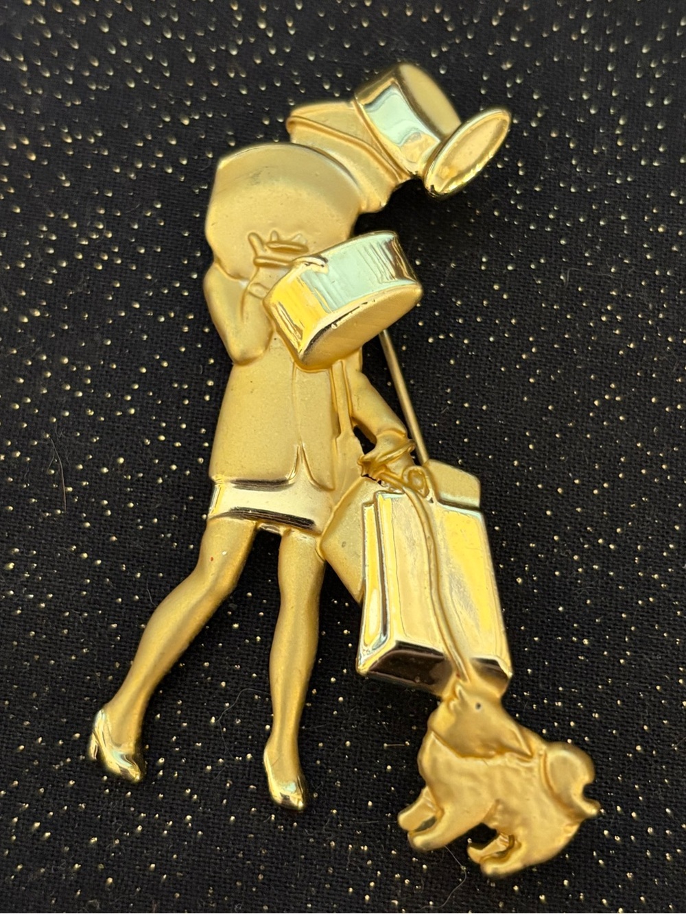 Vintage Gold Tone Brooch- Woman Shopping w/ Dog